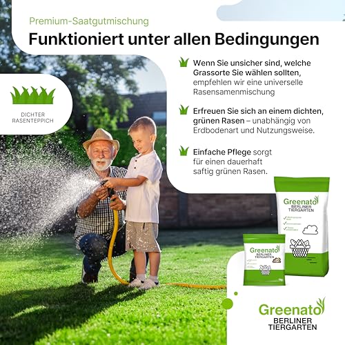 25 kg Grassamen schnellkeimend Greenato Berliner Tiergarten - Schattenrasen Unkrautvernichter und Moosvernichter Rasen Universal Rasensamen - Rasensaat ausreichend für 1000 m²