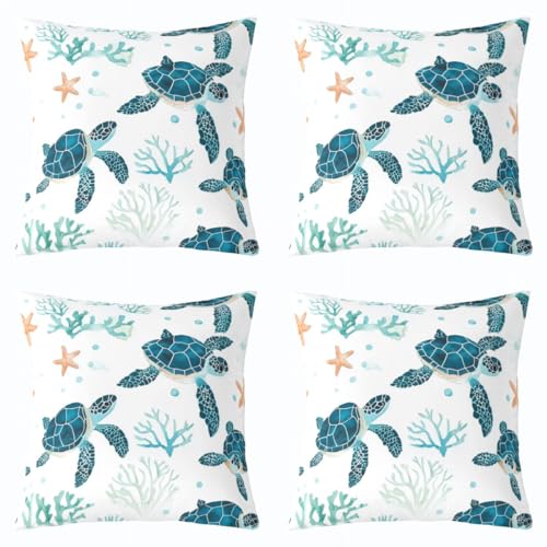 Loussiesd Juego de 4 fundas de almohada con diseño de tortuga marina, fundas de cojín con temática marina oceánica, funda de almohada para sofá, funda de cojín para niños, niñas, decoración de