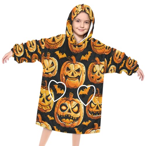 Wearable Blanket Hoodie for Kids, Halloween Fleece Sweatshirt Blanket Pumpkins Oversized Blanket Sweatshirt with Pocket Flannel Warm Hooded Blanket 6-10 Year Old Girl Boy Gift, One Size