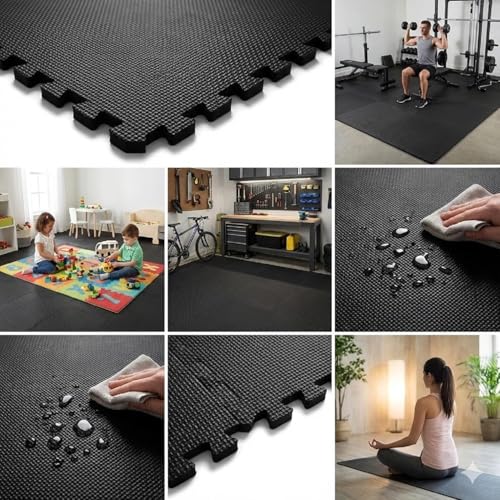 Image of EASY HOME Interlocking Gym Mats for Floor, Home Rubber Workout Mat, EVA Foam Exercise Mat- 60x60cm - 12mm Thick, Black (Pack of 12-48 Square Foot)