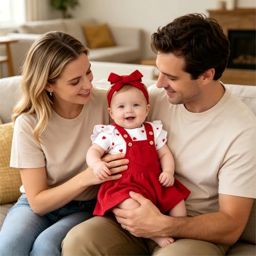 Asmea Baby Kleidung Mädchen 0-3 Monate Sommer Neugeborene Babykleidung 3tlg Herzen Kurzarm Baby Strampler Hosenträgerrock Haarband Set Baby Outfit Mädchen Geschenk für Shooting Taufe Geburtstag Rot
