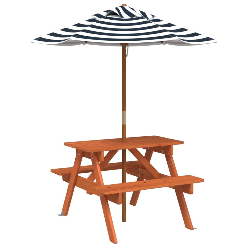 Tavolo da picnic per 4 bambini con ombrellone in legno di abete massello, set 2 in 1 tavolo e panche per giardino esterno