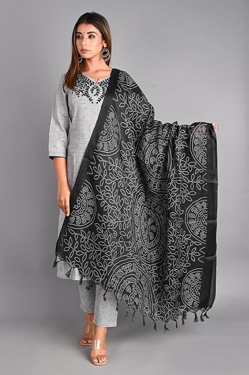 Image of H HIPHONIC Leaf Embroidered 3 /4 Sleeve Cotton Kurti Pant Set with Dupatta for Women