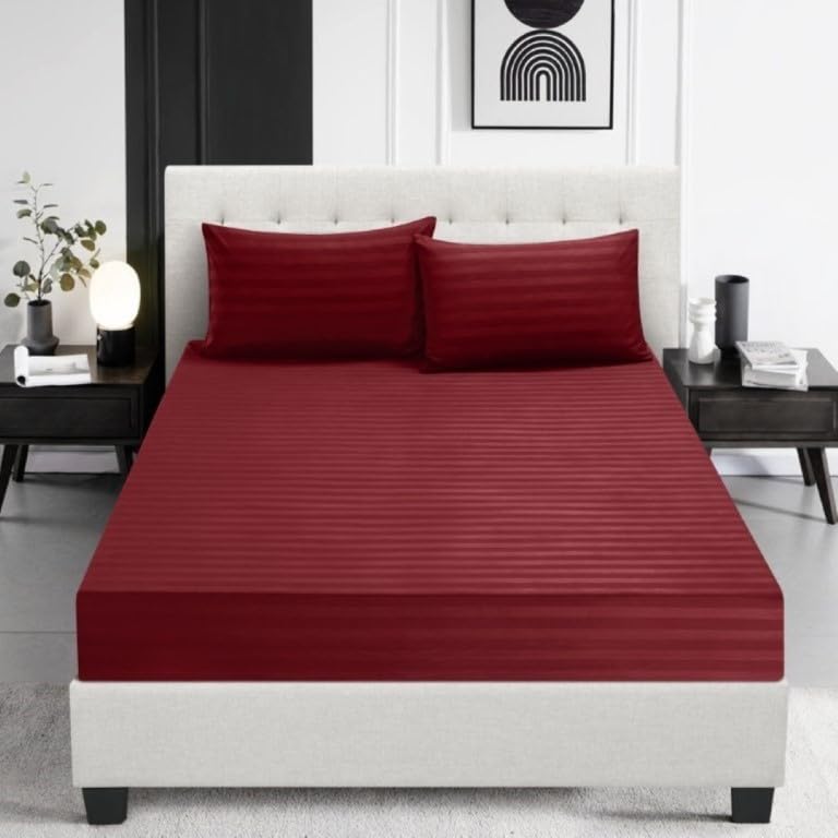Prime Linens Satin Stripe Fitted Sheet Bed Sheet Brushed Microfiber 30 Cm Deep Fitted Sheet Elastic Edges Breathable Soft Machine Washable Fade Resistant (Burgundy, Single)