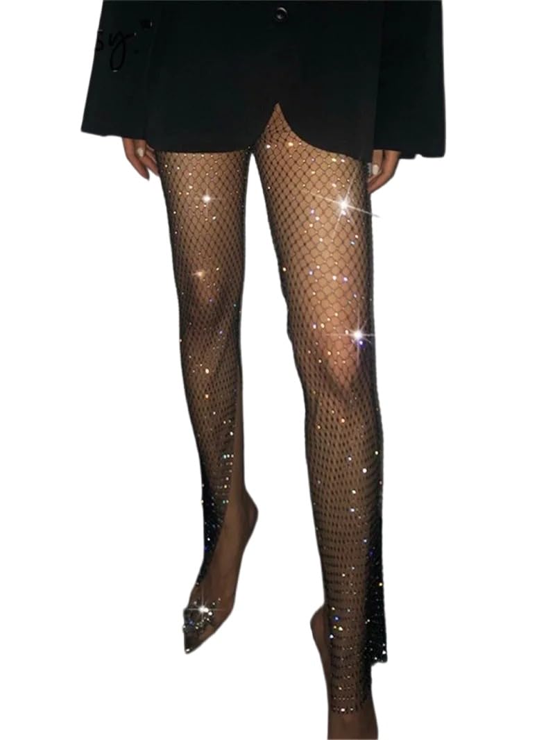 Rhinestone Mesh Fishnet Tunic Pants for Women Sexy Transparent Hollow Out Beach Club Party Trousers