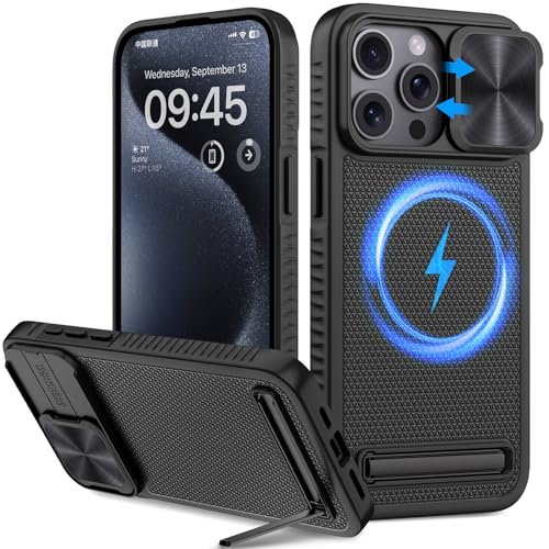 Vihibii Magnetic for iPhone 15 Pro Max Case with Kickstand & Slide Camera Cover, [Compatible with MagSafe], Mil-Grade Drop Protection Shockproof Protective Phone Case for iPhone 15 Pro Max 6.7