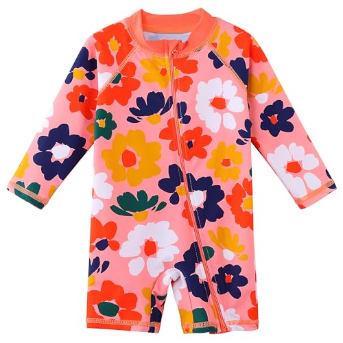 Image of HUAANIUE Baby /Toddler Girls Long Sleeve Zipper Closure Swimsuit One Piece Swimwear with UPF50+ Sun Protection