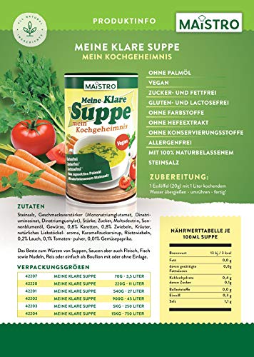 Vegane Gemüsebrühe und Würzmittel, ohne Allergieauslöser, ohne PALMÖL, einfach, schnell und delikat zubereitet. 900g/45Liter Gemüsesuppe mit naturbelassenem Steinsalz. MAISTRO MKS-900g