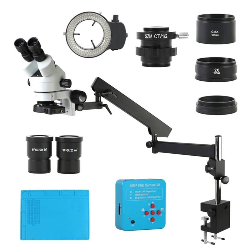 Microscopio Microscopio estéreo trinocular parfocal con Brazo articulado, Soporte de Abrazadera, cámara de vídeo USB, HDMI, 2K, 48 MP, Tipo B, Columna de 25 mm, Enfoque simultáneo, Zoom de 3,5 X a 90