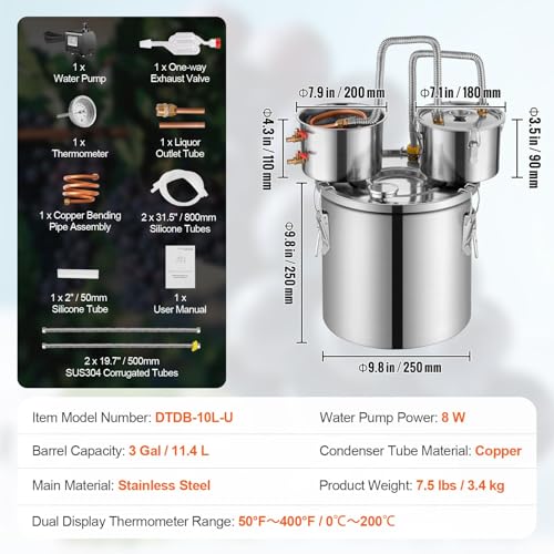 Miniatura 7 de Vevor Destilador De Alcohol, De Acero Inoxidable De 11,4 L, Con Bobina De Cobre Para Enfriamiento Rápido, Kit De Destilador De Condensador Doble Con Destilación Secundaria, Para Vino, Whisky, Plata