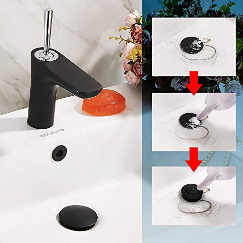 Image of REGALMIX Vessel Sink Drain, Bathroom Faucet Vessel Sink Pop Up Drain Stopper, Built-In Anti-Clogging Strainer, with Overflow Matt Black, Fits Standard American Drain Hole(1-1 /2 inch to 1-3 /4 inch) RWF083P