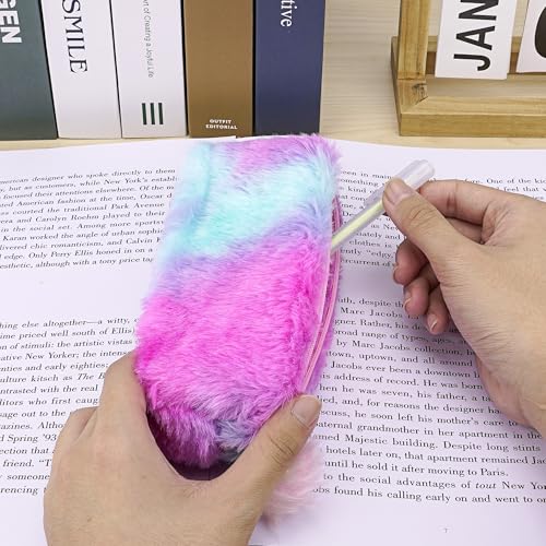 Image of Fluffy Pencil Case, Plush Pencil Case Rainbow, Soft Pouch Colored Storage Bags, Makeup Pouch, for Daily Study Work(1Pcs) (Purple Rainbow)