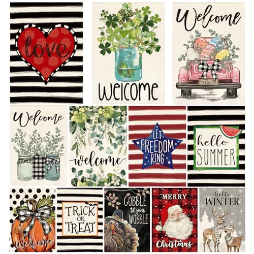 AVOIN colorlife Set of 12 Seasonal Holiday Garden Flag 12x18 Inch Double Sided Outside, Welcome Farmhouse Yard Outdoor Flag