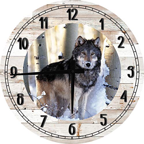 Reloj de pared redondo de madera con arte de lobo gris 12 in miniatura 1