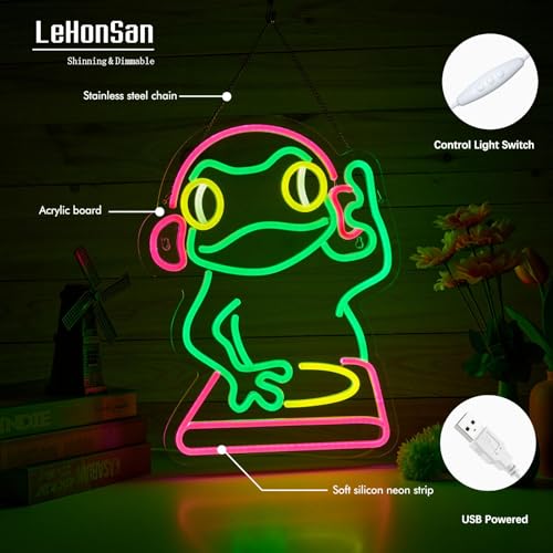 Image of DJ Frog Neon Sign for Wall Decor, Scratch Frog Dimmable LED Neon Light Sign for Gaming Room Decor Wall Art Birthday Gift Men Cave 16.46 * 12.60 Inches, USB Powered.