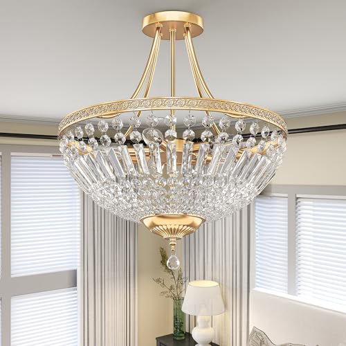 DWVO Crystal Gold Ceiling Light, 20in Modern Vintage Crystal Chandelier, 5-Light Semi Chandelier Close to Ceiling Light Fixture for Living Room Kitchen Entryway Bedroom Dining Room - E12 Base