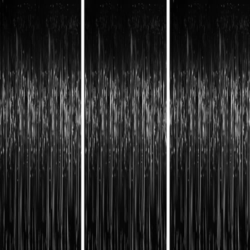 Voircoloria 3.3 x 6.6 ft Foil Fringe Backdrop Curtains Tinsel Streamers Party Decorations Fringe Backdrop for Birthday Baby Shower Gender Reveal Graduation (3 Black)