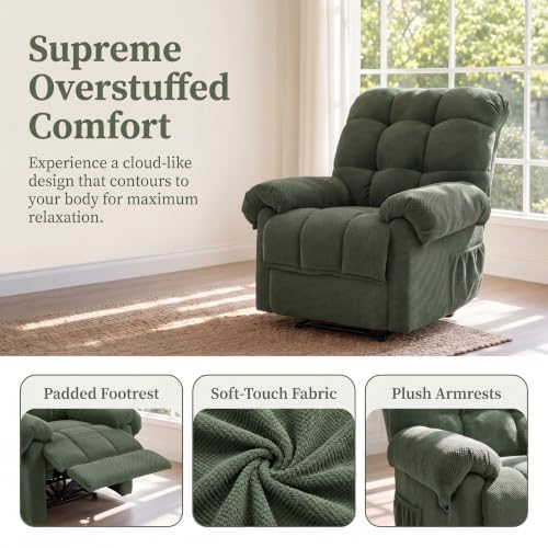 Image of Oversized Manual Recliner Chair with Side Pockets for Home, Green