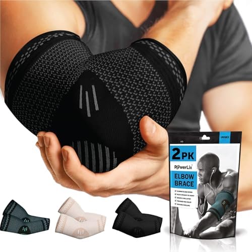POWERLIX Elbow Brace Compression Support (Pair) - Elbow Sleeve for Tendonitis, Tennis Elbow Brace and Golfers Elbow Treatment, Arthritis, Workouts, Weightlifting - Reduce Elbow Pain