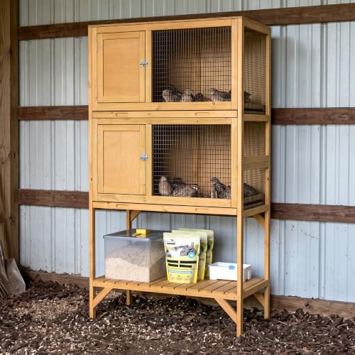GDLF Wooden Quail Cage Indoor 2-Tier Quail Coop with Pull-Out Trays Ventilated Wire Mesh Access Doors & Storage Shelf