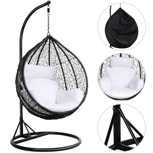 Yaheetech Garden Egg Swing Chair, Patio Swing Chair Outdoor Hanging Hammock with Stand Indoor Rattan Chair with Cushion and Cover, Black - Image 4