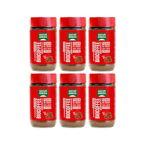 NaturGreen - Biocoffee Descafeinado Bio, Pack 6 x 100 g, Café Soluble Ecológico Instantáneo, Sin Cafeína, Vegano y Sostenible, Agricultura Ecológica