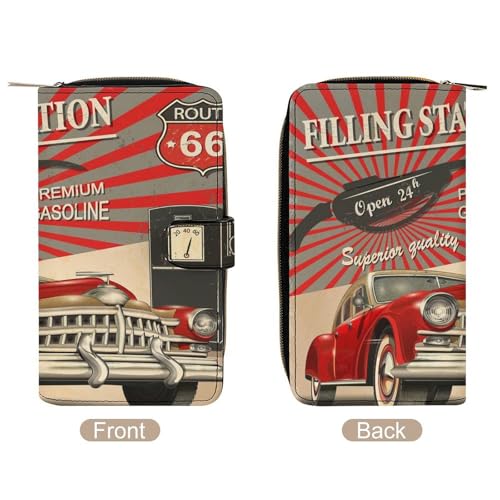 Women Soft PU Leather Wallet, Zipper Card Case Clutch Credit Bills Money Crash Coin 7.8x4.3x1.4 in Holder Purse Print Gas Station Retro Poster Route 66 Car in Red Style4