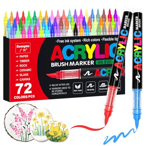 Guangna Acrylic Paint Markers 72 Colors with Direct-Liquid Ink Control System Professional-Grade Paint Pen for Rock Painting Canvas Glass Plastic Fabric & Creative Crafts