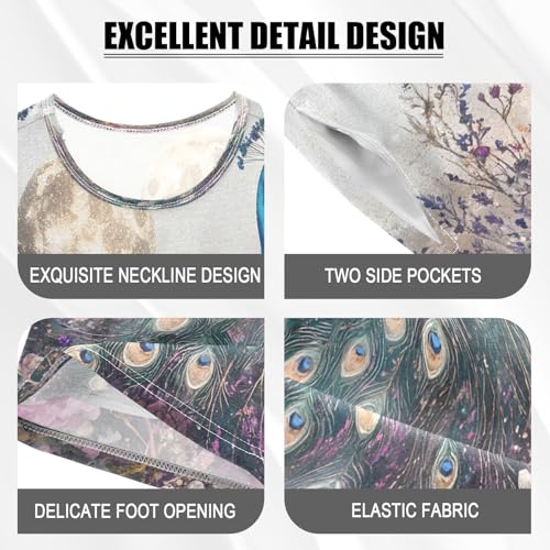 ALAZA Peacock Peony Blossom Bird Moon Pajamas Set Short Sleeve Cotton Sleepwear Summer Pjs 2 Piece 5-14Y4