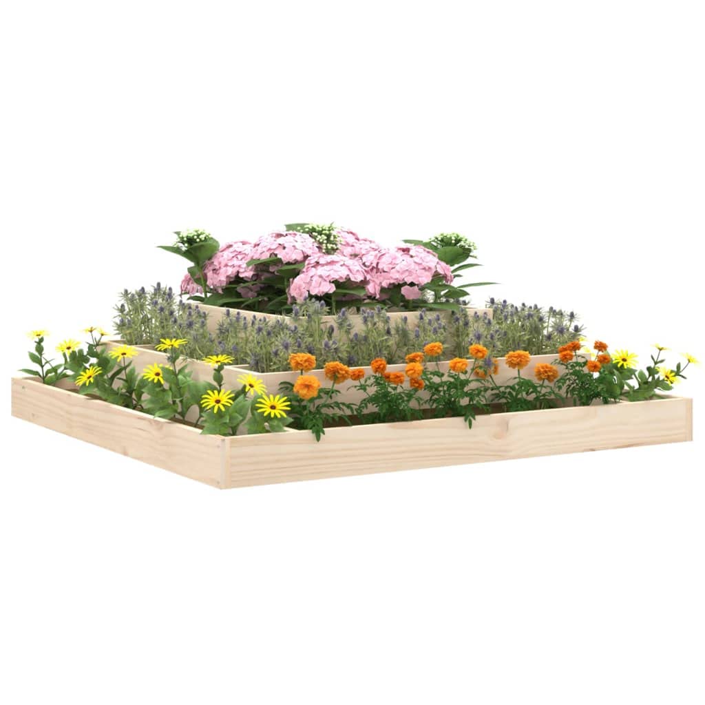 Donica drewniana 110x110x27 cm z litego drewna sosnowego, 3-poziomowa skrzynia ogrodowa na kwiaty i warzywa, solidna rama do uprawy roślin wewnątrz i na taras, naturalny rustykalny design