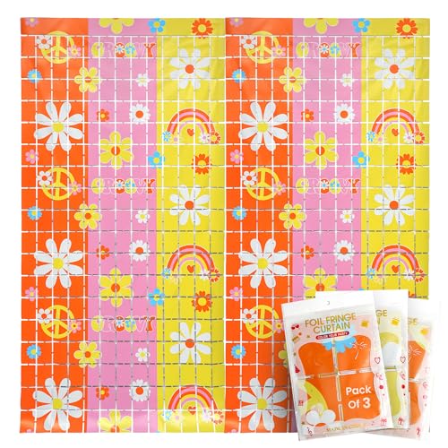 Image of KatchOn, 3Pcs Groovy Fringe Backdrop Curtain | Retro Floral Backdrop for Groovy Decoration Hippie Party Spring Decorations Boho Birthday Decoration Retro Theme Summer Party Decorations