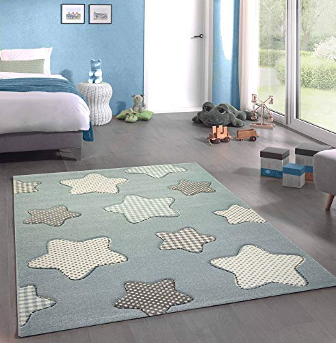 CARPETIA Kinderteppich Spielteppich Babyteppich Jungen Sterne blau Creme grau Größe 140x200 cm