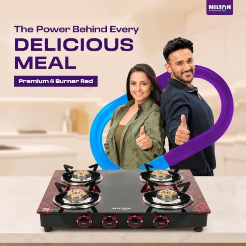 Image of MILTON Premium Red Manual Ignition Glass Top Gas Stove, (ISI Certified) (4 Burner)