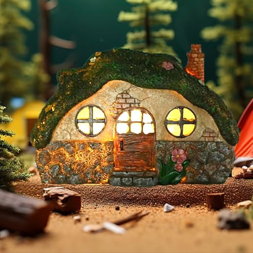atibi Décoration de jardin féérique à LED à énergie solaire pour jardin, maison de fée en résine étanche, veilleuse pour la maison et la cour