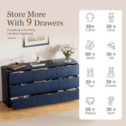 Image of Furniway Blue Dresser for Bedroom, Modern Dresser with 9 Drawers and Smooth Slides, Wide Chest of Drawers with Golden Handles for Bedroom, Living Room, Closet, 15.7 inch D x 63 inch W x 31.5 inch H