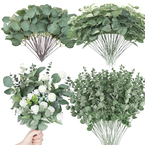 Giegxin 90 Pcs 3 Kinds Mixed Artificial Eucalyptus Leaves Stems Bulk Silver Dollar Leaves Picks Dried Eucalyptus Bundle Faux Spray for Wedding Vase Bouquet Floral Arrangement (Green)