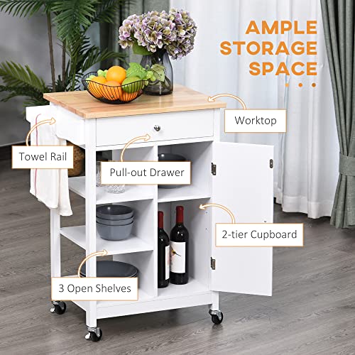 HOMCOM Kitchen Trolley, Kitchen Island on Wheels, w/Wood Top, 3 Shelves and Storage Cupboard, White - Image 3