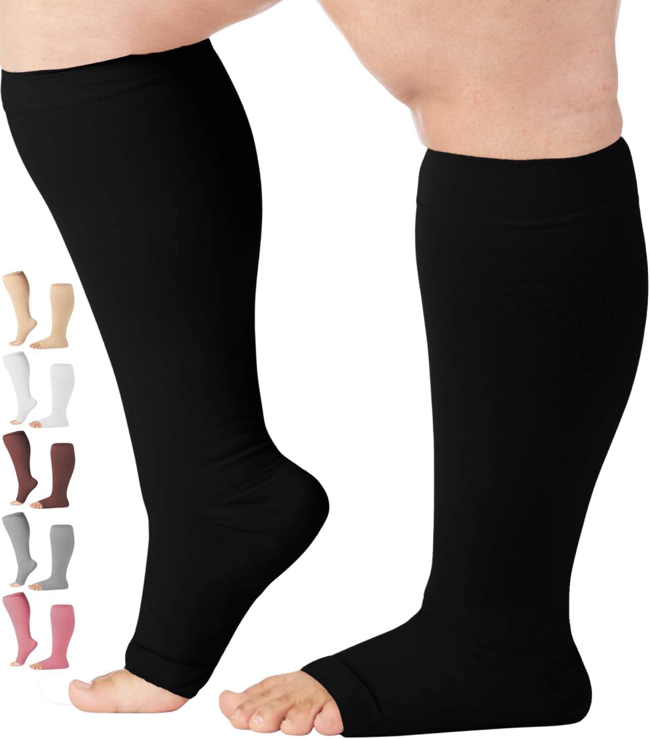 7XL Mojo Compression Socks, Bariatric Extra Wide Calf - Plus Sized Ankle Support Hose Opaque Open Toe 20-30mmHg, Lymphedema Stockings - Black - Size XXXXXXX-L