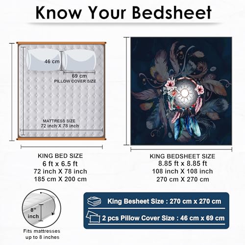 Image of Story@Home Bedsheet for King Size Bed Digital Printing 240TC Satin Finish with 2 Pillow Covers, (270 cm X 270 cm, Navy Blue & Pink), Dream Catcher Design | Double Bed Bedsheet