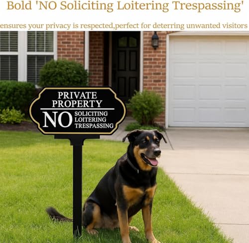 Image of Private Property No Trespassing Sign with Stake, No Soliciting Sign for House 5x10 inch /35 inch High, for Front Door /Lawns /Gardens and Business