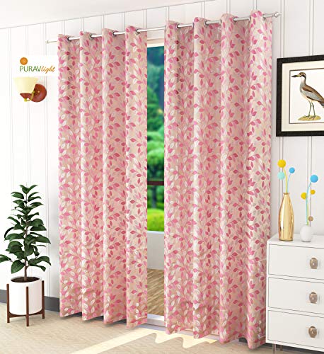 Image of Purav Light Jacquard Curtains Set of 3 Piece 5 Feet Long for Window & Living /Bedroom, Room Darkening Jute Polyester Weaved Parda, 3PC (Window - 5 Feet,Pink)