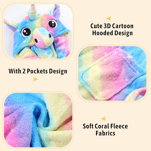Girls Unicorn Fleece Robe, Rainbow Star Leopard Bathrobe for Kids, Coral Fleece Bath Robe With Pockets for Age 3-123