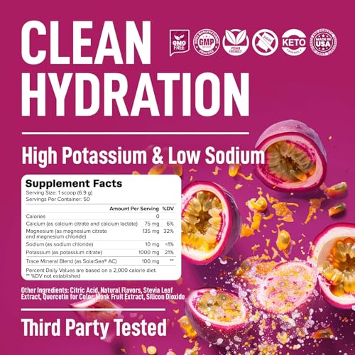 Image of Keppi Low Sodium Electrolytes Powder - High Potassium & Naturally Sweetened Sugar-Free Passionfruit 12.2oz - Clean Hydration Drink with Magnesium, Trace Minerals - No Calorie Daily Electrolyte Powder