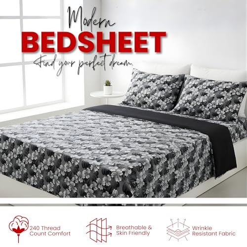 Image of 100% Cotton Feel Double Bed Bedsheet Set | 240 TC Soft & Breathable | Mint Green White Flower Print with 2 Pillow Covers | Wrinkle Free | for Bedroom (90 x 100 Inches) (Grey)
