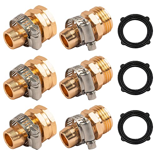 Xiny Tool Garden Hose Repair Kit with Claps, 3/4 Inch Aluminum Hose Repair Connectors, Female and Male Hose Mender Ends Connectors & Fitting with Stainless Steel Clamp, 3 Sets