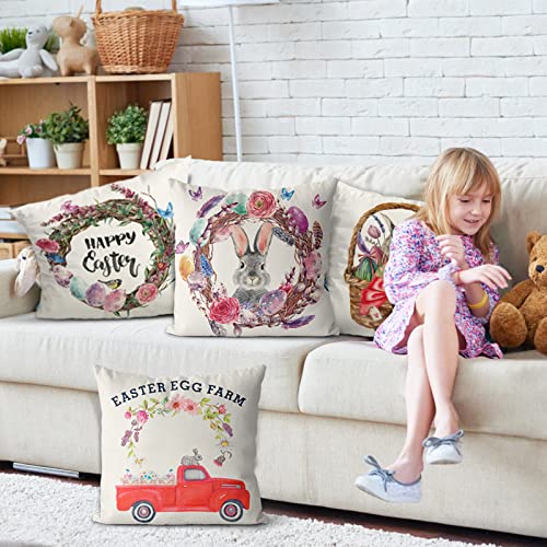Easter Decorations, Easter Decor Throw Pillow Covers 18 X 18 Set Of 4, Easter Bunny Eggs Pillow Covers Spring Decorations For Home Farmhouse Indoor Outdoor Linen Cushion Case For Couch Sofa Home Decor #TOP5