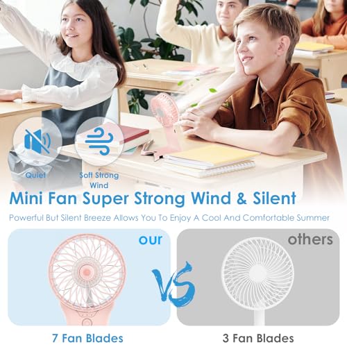 Bigqin Mini Ventilateur de Poche,USB Ventilateur de Portatif Rechargeable 4 Vitesses avec Miroir,Léger Ventilateur Puissant pour Voyage Extérieur Rafraîchissez-vous,Rose – vue 4