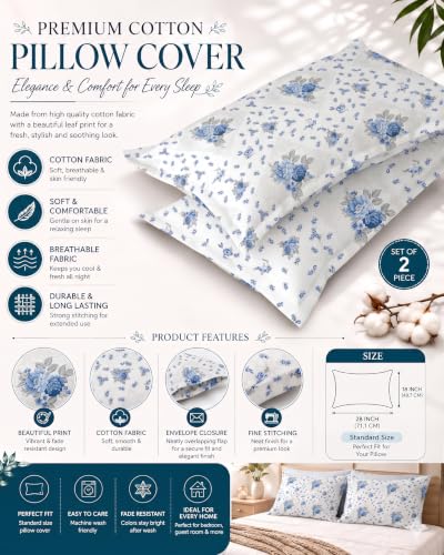 Image of IVAZA Ezyption Cotton Super Soft 240 TC Elastic Fitted All Around Elastic Printed King Size Double Bed Bedsheet with 2 Pillow Cover 72 inch X 78 inch3 Blue White Flower