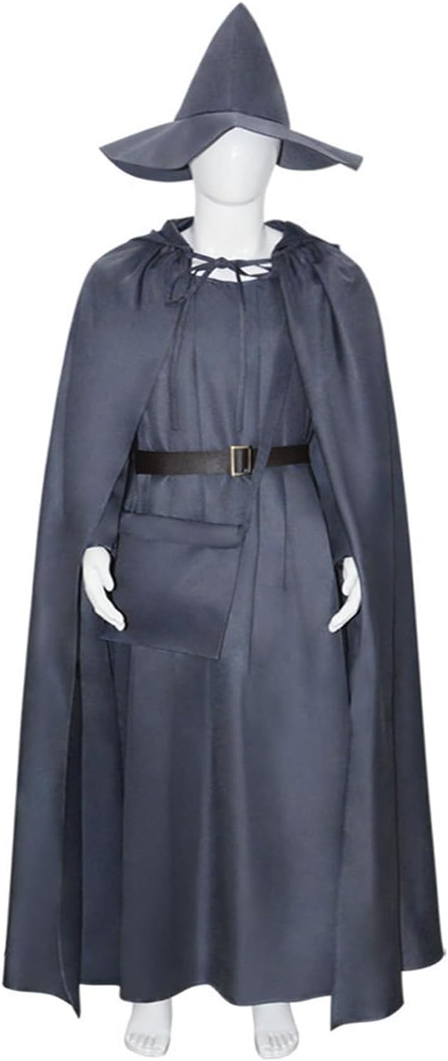Adult Men Costume Cloak Hat Grey Wizard Cosplay Hooded Robe with Belt and Bag Halloween Full Set