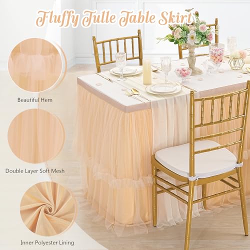 Champagne Tulle Tutu Table Skirt for Birthday Party 6ft Baby Shower Table Cloth for Wedding Bridal Shower Banquet 2 Layer